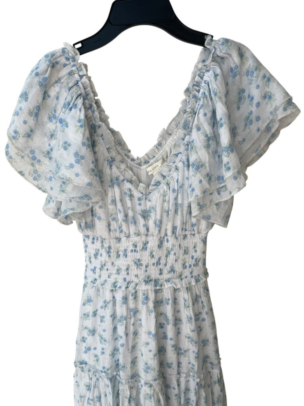 Altar'd State Floral Smocked Maxi Dress Ruffle Sleeves Lining Blue White Sz XXS - Picture 3 of 7